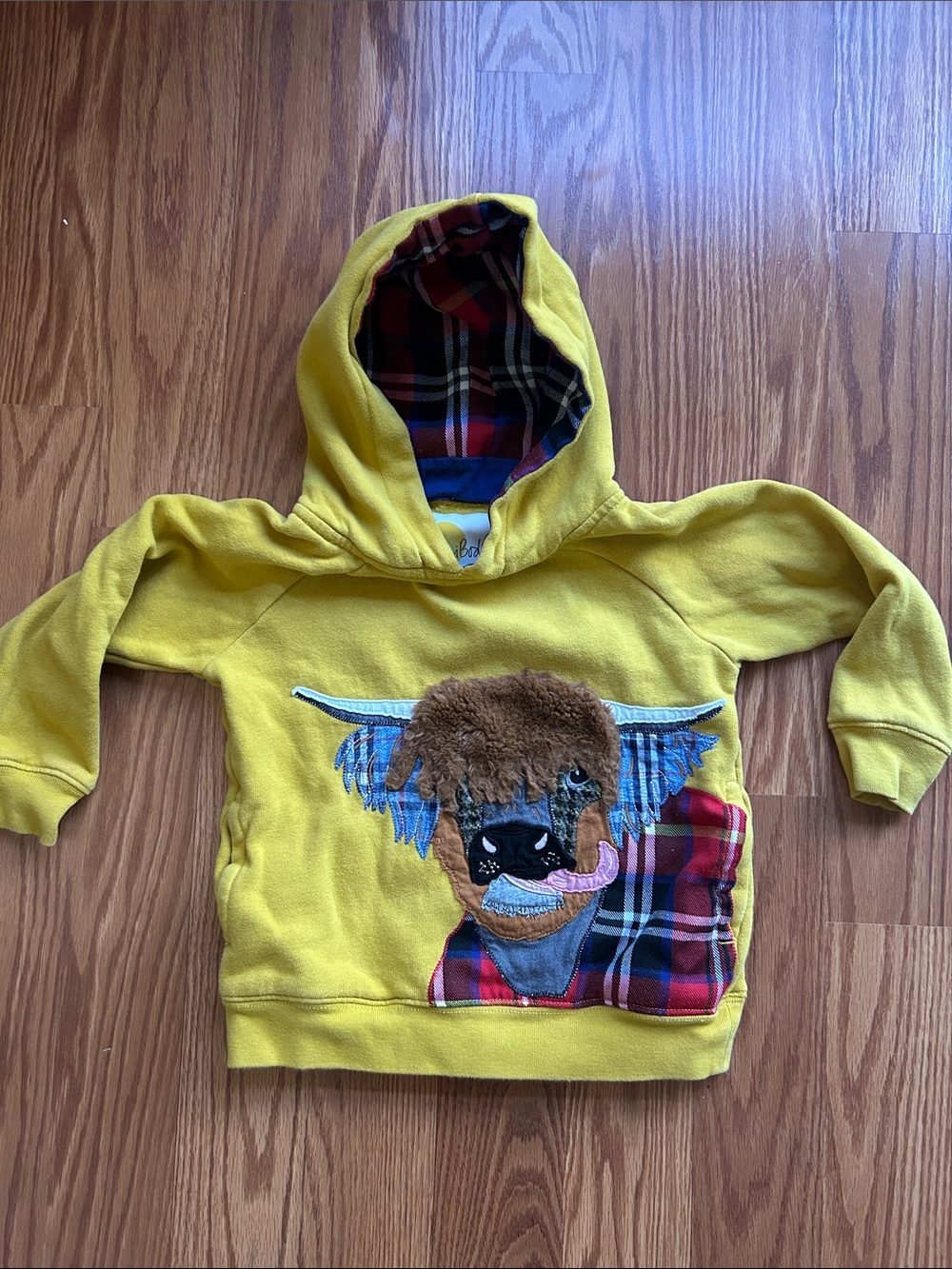Mini Boden Bright Yellow Hoodie with Highland Cow Appliqué